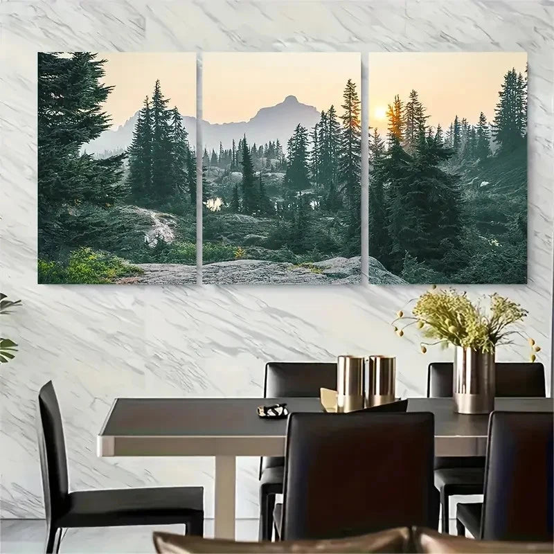 3pcs Scenic Sunset View with Pine Trees Metal Print Ready to Hang Art