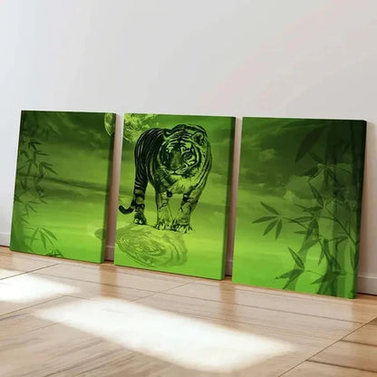 3pcs Vibrant Green Tiger screened Design Wall Art Set Canvas Unframed - High Quality Print 100% Australian Made Wall Canvas