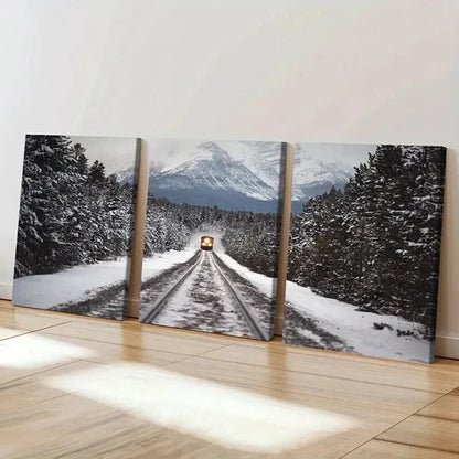 3pcs Snow Scene Steam Train Modern Vehicle Wall Art Set Canvas Unframed - High Quality Print 100% Australian Made Wall Canvas