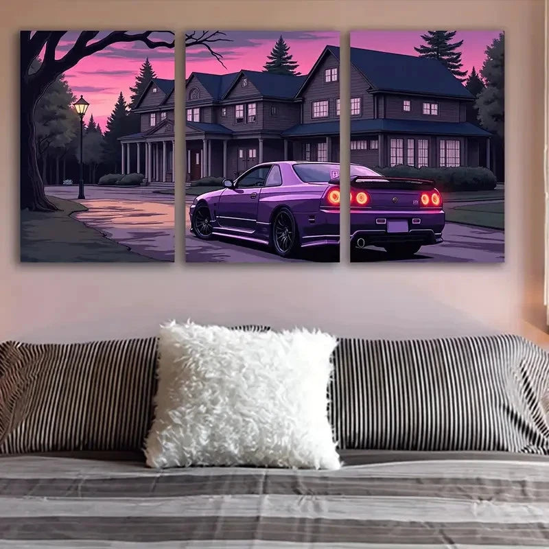 3pcs Purple Sports Car Wall Art Set Canvas Framed 40x60cm - High Quality Print 100% Australian Made Wall Canvas Ready to Hang