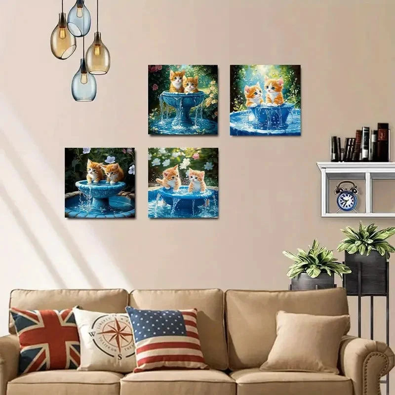 4pcs Adorable Kitten Fountain Wall Art Canvas Framed