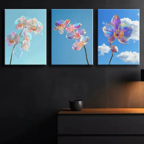 3pcs Colorful Orchid Glass Painting Perfect Wall Art Set Canvas Unframed - High Quality Print 100% Australian Made Wall Canvas - Bella Home Decor