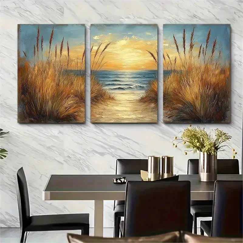 3pcs Golden Seascape Coastal Calming Perfect Wall Art Set Canvas Framed 60x90cm - High Quality Print 100% Australian Made Wall Canvas Ready to Hang - Bella Home Decor