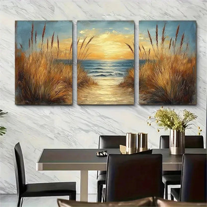 3pcs Golden Seascape Coastal Calming Perfect Wall Art Set Canvas Framed 60x90cm - High Quality Print 100% Australian Made Wall Canvas Ready to Hang - Bella Home Decor