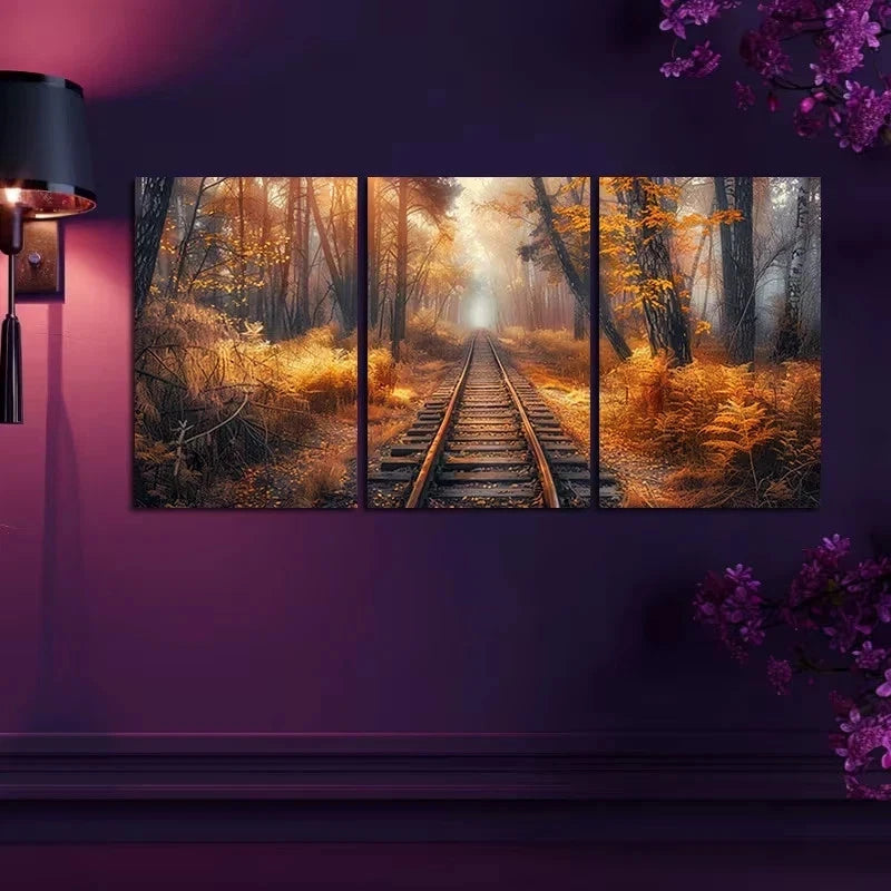 3pcs Autumn Forest Old Broken Railroad Track Metal Print Ready to Hang Art - Bella Home Decor