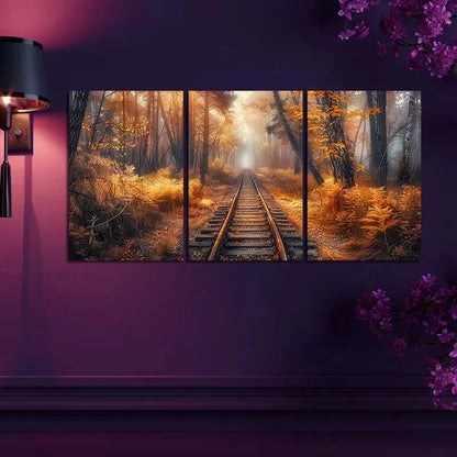 3pcs Autumn Forest Old Broken Railroad Track Metal Print Ready to Hang Art - Bella Home Decor