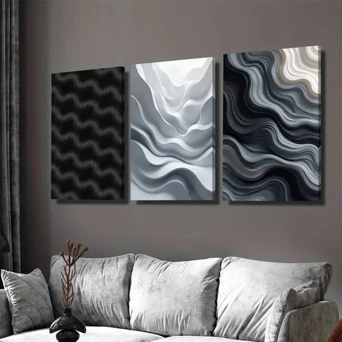 3pcs Modern Abstract Wave Art Black, White Canvas Unframed - High Quality Print 100% Australian Made Wall Canvas