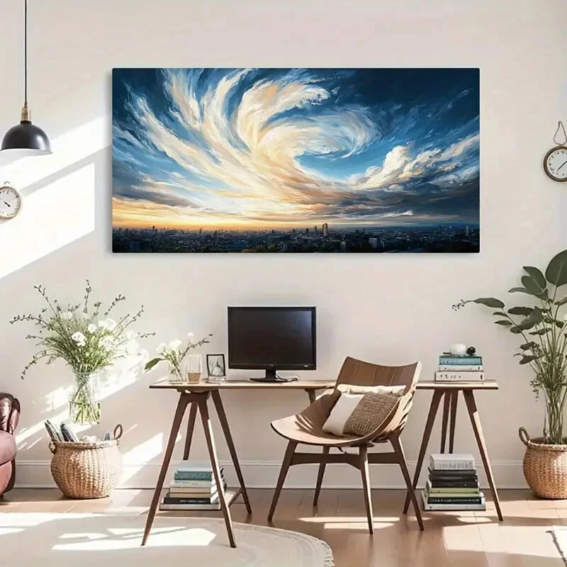 Modern Swirl Cityscape Sunset Wall Art Canvas Office Home Room Framed 120x60cm - Bella Home Decor