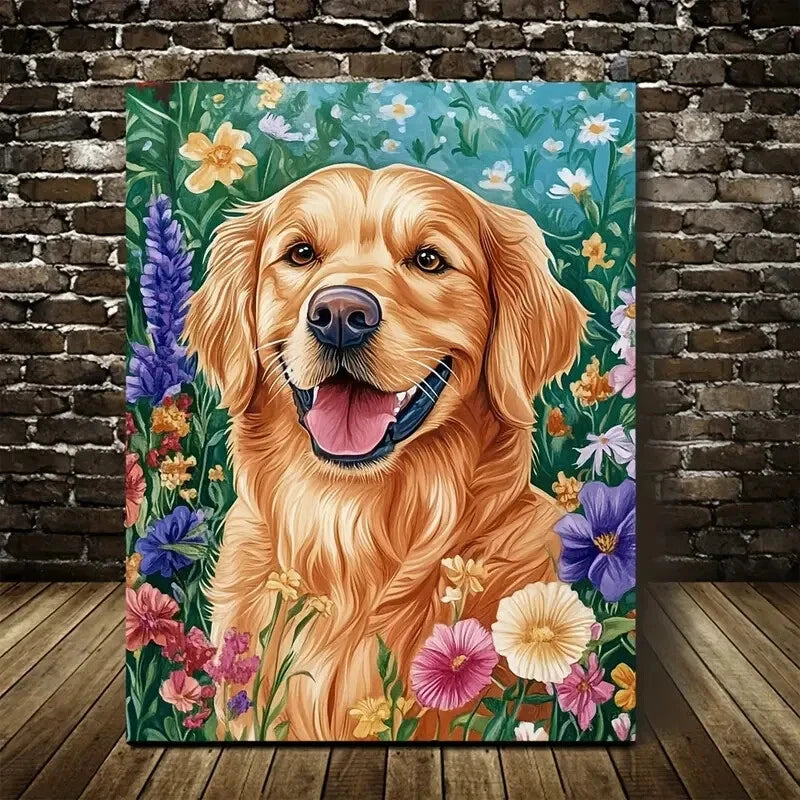 Golden Retriever Dog with Flowers & Plants Painting 40x60cm Metal Print Ready to Hang - Bella Home Decor