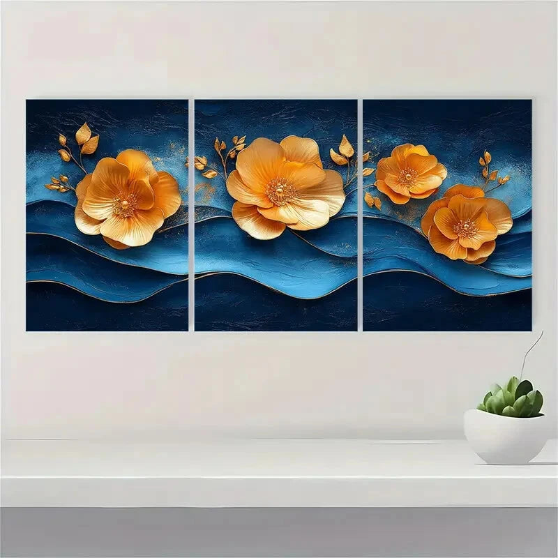 3pcs Modern Blue Golden Wave Abstract Metal Print Ready to Hang Art - Bella Home Decor