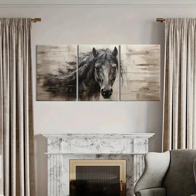 3pcs Vintage Animal Art Dark Horse Farmhouse Wall Art Set Canvas Framed 40x60cm - High Quality Print 100% Australian Made Wall Canvas Ready to Hang - Bella Home Decor