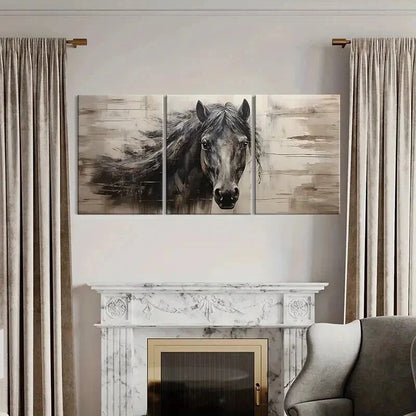 3pcs Vintage Animal Art Dark Horse Farmhouse Wall Art Set Canvas Framed 40x60cm - High Quality Print 100% Australian Made Wall Canvas Ready to Hang - Bella Home Decor