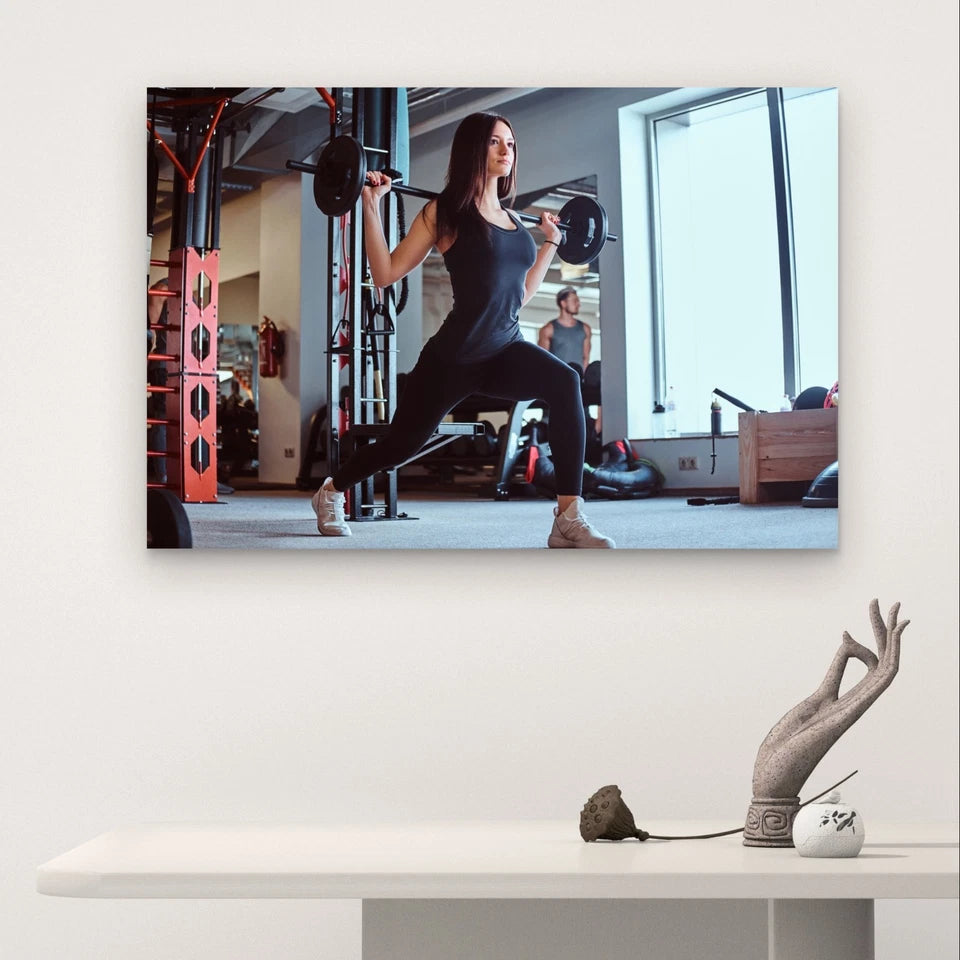 Woman Weightlifting Lunges in a Gym 5mm Plastic Poster Ready to Hang 90x60cm