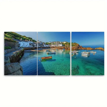 3pcs Blue Skies Clear Sea Cornwall R  Wall Art Set Canvas Framed 60x90cm - High Quality Print 100% Australian Made Wall Canvas Ready to Hang - Bella Home Decor