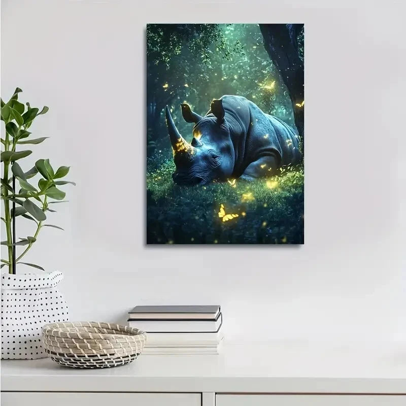 Fantasy Rhino in Magical Forest Painting 40x60cm Metal Print Ready to Hang - Bella Home Decor