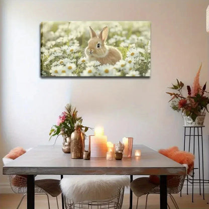 Charming Bunny & Daisy Field Wall Art Canvas Office Home Room Framed 120x60cm - Bella Home Decor