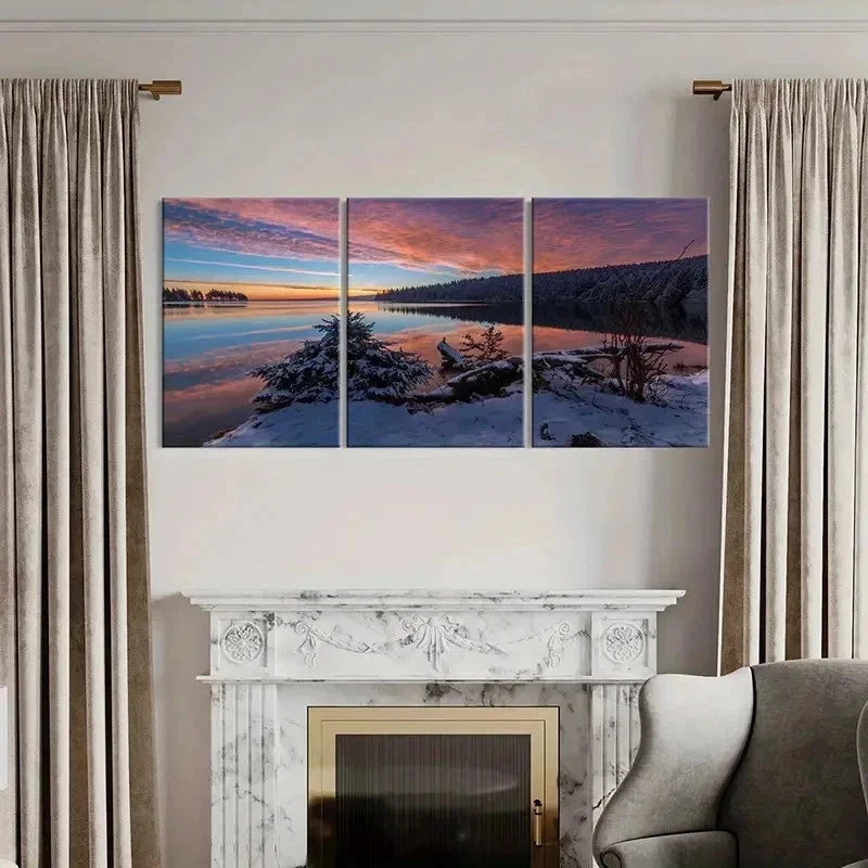 3pcs Forest Snow Scene Mountain Lake Wall Art Set Canvas Framed 40x60cm - High Quality Print 100% Australian Made Wall Canvas Ready to Hang - Bella Home Decor