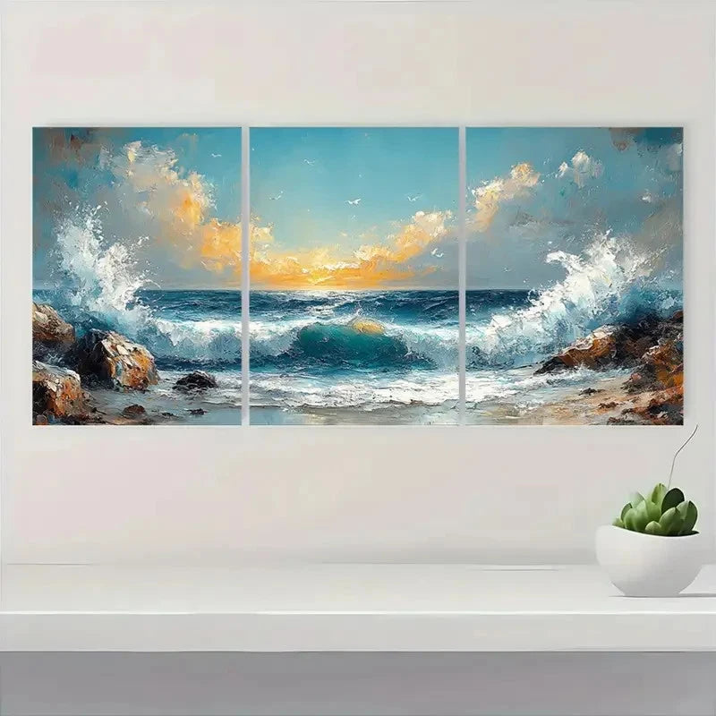 3pcs  Rocky Shoreline Painting Aqua Gray ER Wall Art Set Canvas Framed 50x70cm - High Quality Print 100% Australian Made Wall Canvas Ready to Hang - Bella Home Decor
