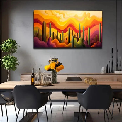 Psychedelic Desert Sky & Cactus Wall Art Canvas Office Home Room Framed 120x60cm