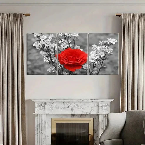 3pcs Red Roses Small Daisies Flower Wall Art Canvas Unframed - High Quality Print 100% Australian Made Wall Canvas