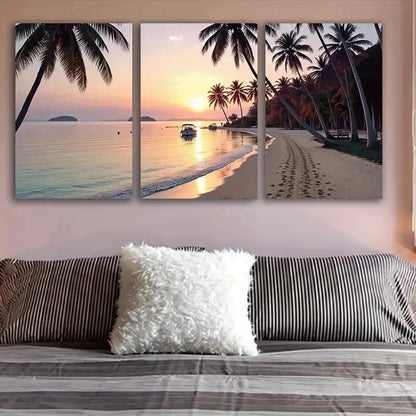 3pcs Sunset Palm Beach Wall Art Set Canvas Framed 50x70cm - High Quality Print 100% Australian Made Wall Canvas Ready to Hang