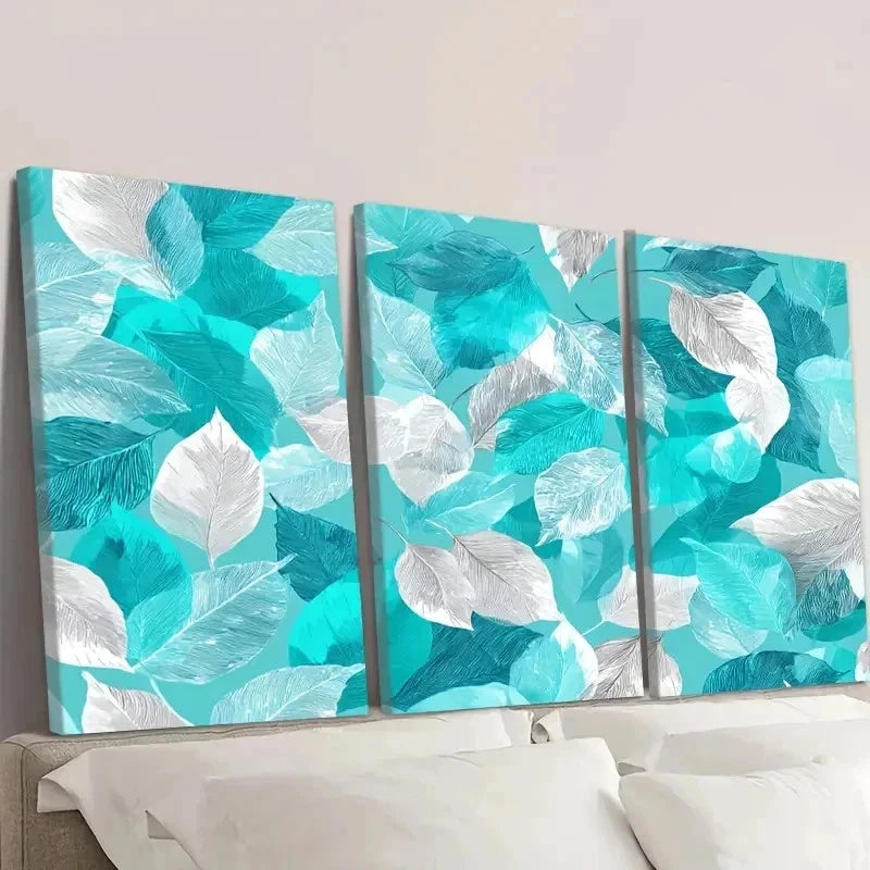3pcs Turquoise Leaf Floral Abstract Wall Art Set Canvas Framed 40x60cm - High Quality Print 100% Australian Made Wall Canvas Ready to Hang