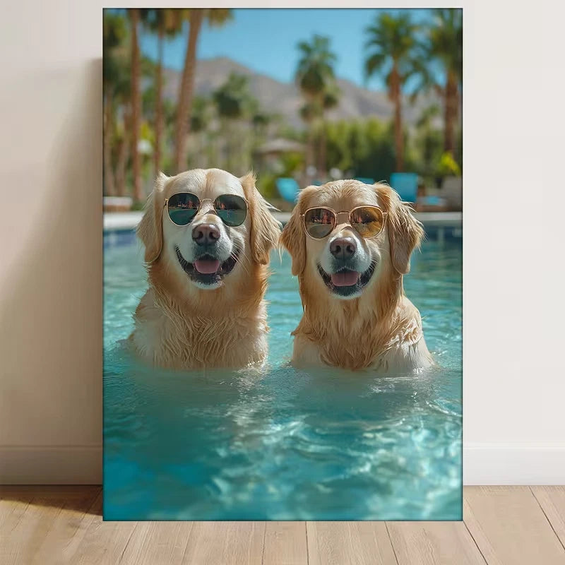 Dogs with Glasses Chilling by the Pool 60x90cm Metal Print Ready to Hang