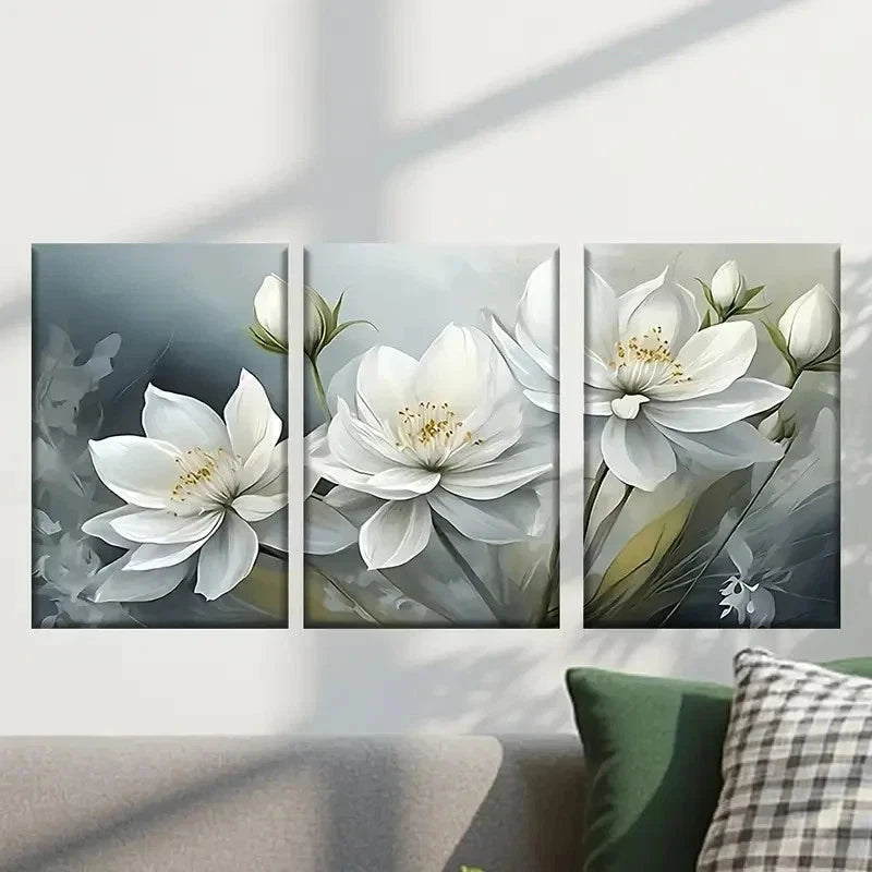 3pcs Beautiful Painting of White Flowers Wall Art Set Canvas Framed 50x70cm - High Quality Print 100% Australian Made Wall Canvas Ready to Hang - Bella Home Decor
