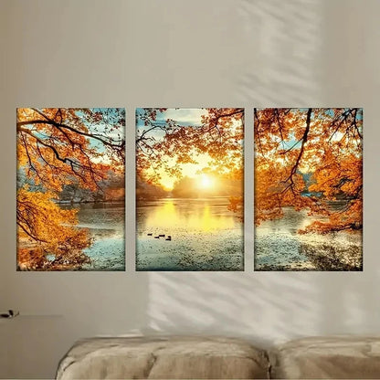 3pcs Autumn Sunset Lake Scene with Ducks Wall Art Set Canvas Framed 40x60cm - High Quality Print 100% Australian Made Wall Canvas Ready to Hang - Bella Home Decor