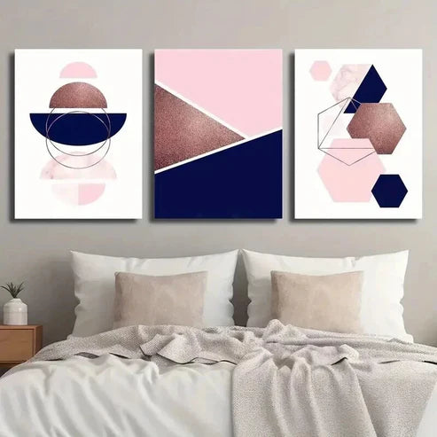 3pcs Geometric Navy & Pink Abstract Designs Wall Art Set Canvas Unframed - High Quality Print 100% Australian Made Wall Canvas - Bella Home Decor