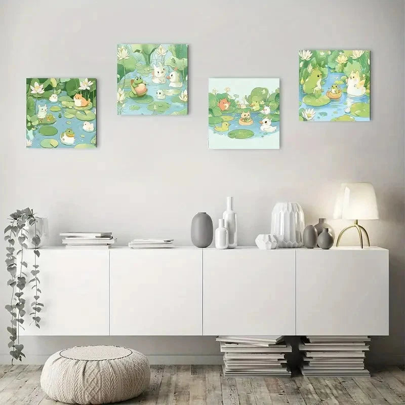 4pcsWhimsical Frog & Lily Wall Art Canvas Framed