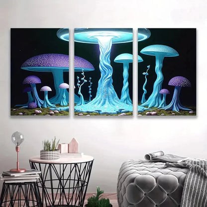 3pcs Forest with Glowing Blue Mushrooms ART Wall Art Set Canvas Framed 40x60cm - High Quality Print 100% Australian Made Wall Canvas Ready to Hang - Bella Home Decor