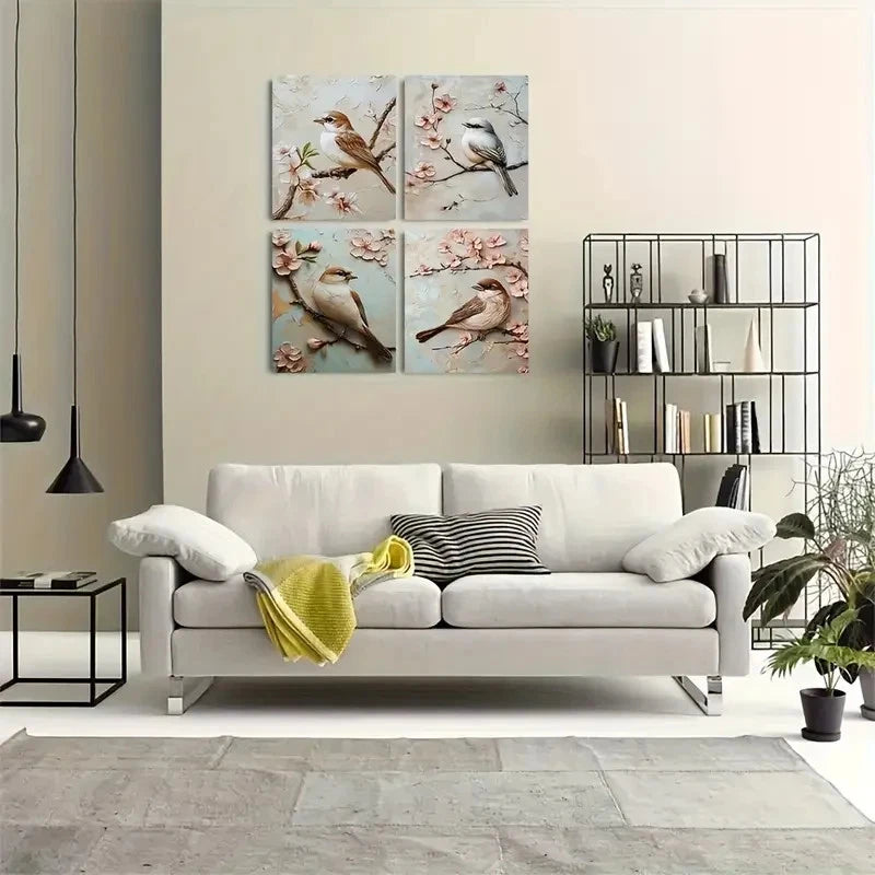 4pcs A bird On A Cherry Blossom Branch  Wall Art Canvas Framed