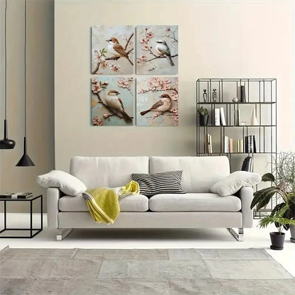 4pcs A bird On A Cherry Blossom Branch  Wall Art Canvas Framed