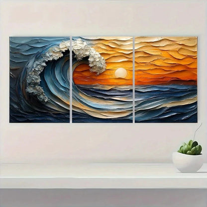 3pcs Modern Abstract Painting Blue & Gold Metal Print Ready to Hang Art - Bella Home Decor