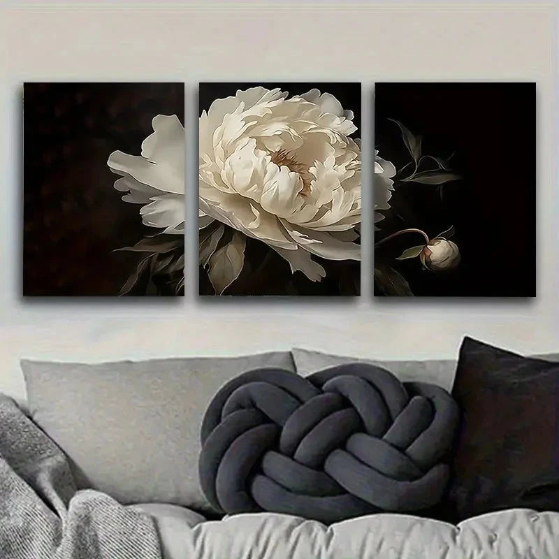3pcs White Peony Flower Art Print Vintage Wall Art Set Canvas Framed 50x70cm - High Quality Print 100% Australian Made Wall Canvas Ready to Hang - Bella Home Decor