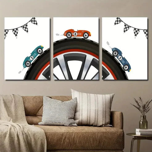 3pcs Racing Car Illustration on Cartoon Tire Wall Art Set Canvas Unframed - High Quality Print 100% Australian Made Wall Canvas