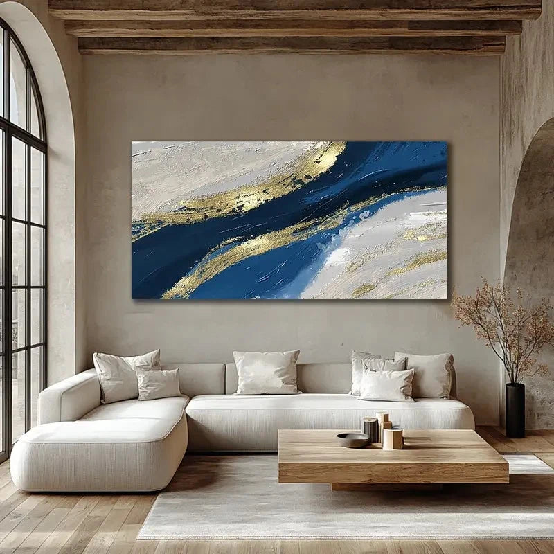 Blue & Golden Textured Wall Art canvas office home room framed 120x60cm
