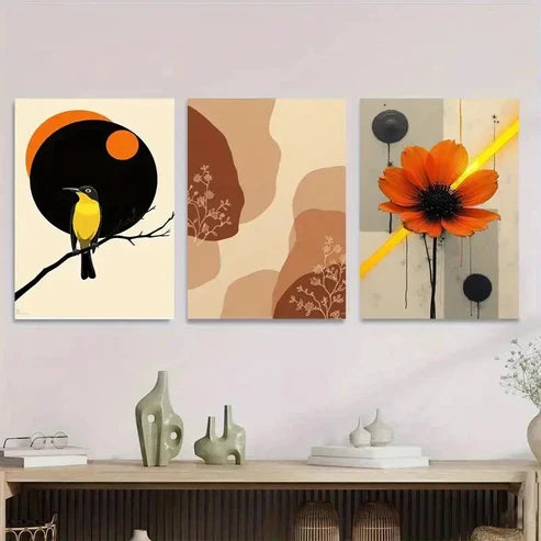 3pcs Modern Abstract Bird Orange & Yellow Wall Art Set Canvas Unframed - High Quality Print 100% Australian Made Wall Canvas