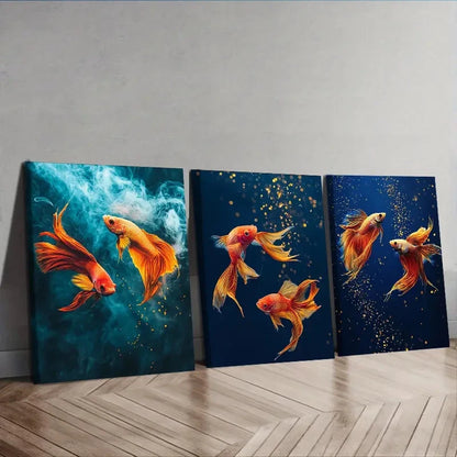 3pcs yellow betta fish Wall Art Set Canvas Framed 60x90cm - High Quality Print 100% Australian Made Wall Canvas Ready to Hang - Bella Home Decor