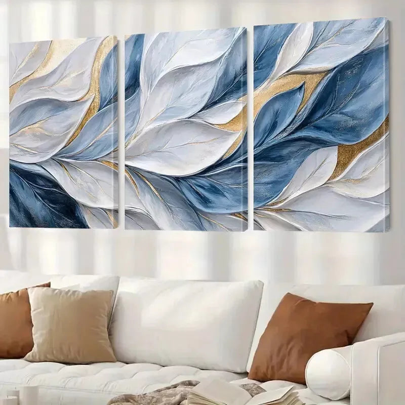 3pcs Blue And Gold Brushstrokes  Art Set Canvas Unframed - High Quality Print 100% Australian Made Wall Canvas - Bella Home Decor