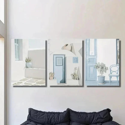 3pcs Blue Doors Porches White Walls & Potted Wall Art Canvas Unframed - High Quality Print 100% Australian Made Wall Canvas - Bella Home Decor