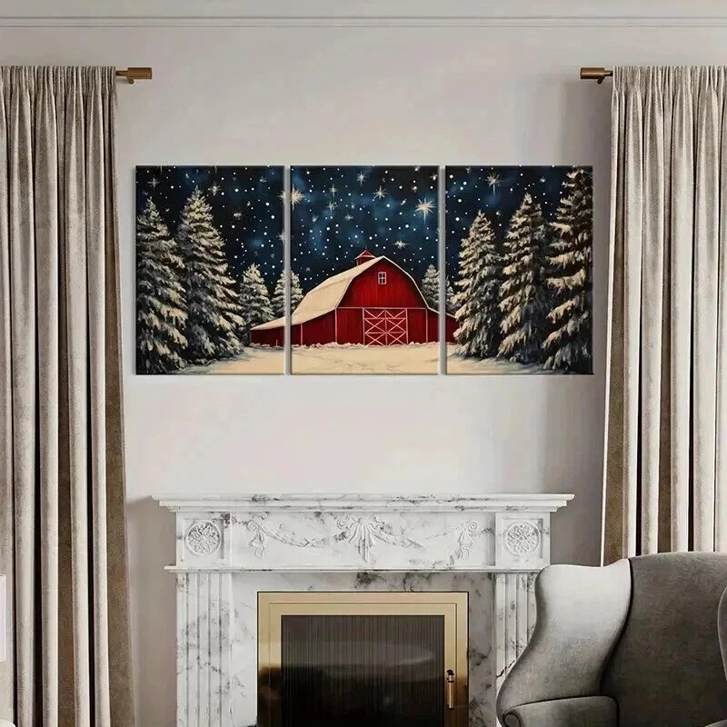 3pcs Winter Barn & Snowy Trees Starry Night Metal Print Ready to Hang Art - Bella Home Decor