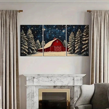 3pcs Winter Barn & Snowy Trees Starry Night Metal Print Ready to Hang Art - Bella Home Decor