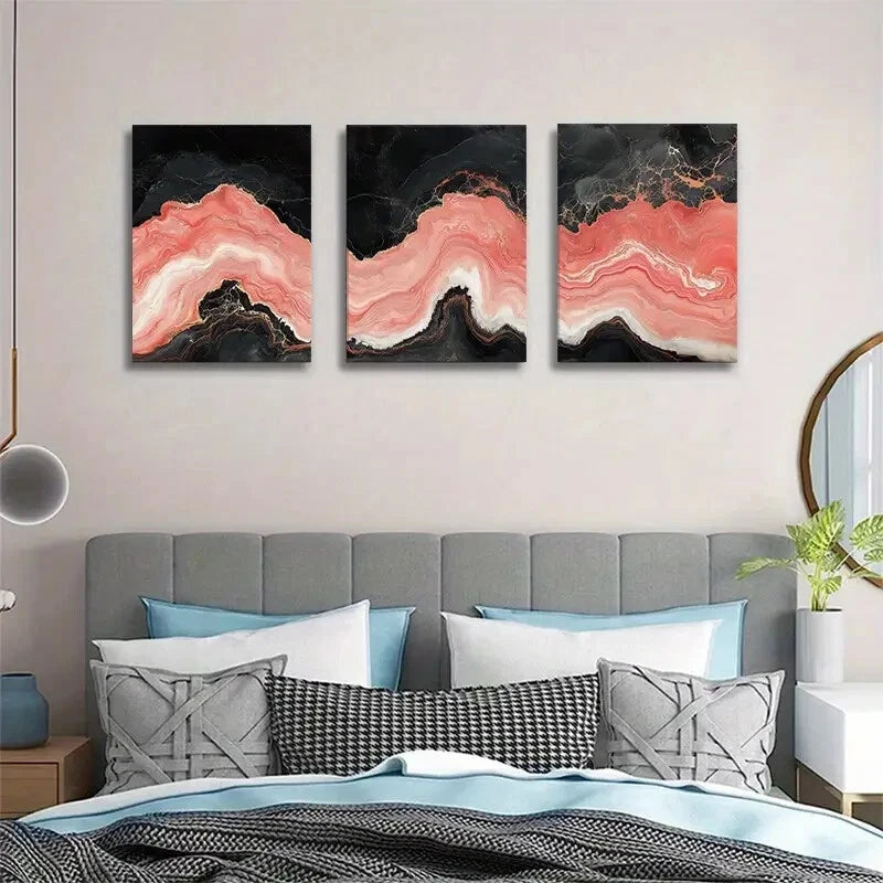 3pcs Abstract Coral Black Marble Texture Pink Metal Print Ready to Hang Art - Bella Home Decor