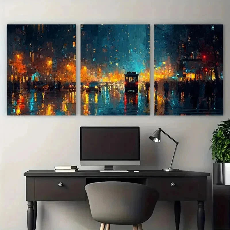 3pcs Impressionist Rainy Night Street Perfect Wall Art Set Canvas Framed 50x70cm - High Quality Print 100% Australian Made Wall Canvas Ready to Hang