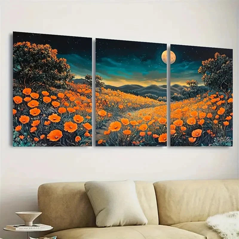 3pcs Fox Moonlit Floral Art, Orange Wall Art Set Canvas Framed 50x70cm - High Quality Print 100% Australian Made Wall Canvas Ready to Hang - Bella Home Decor
