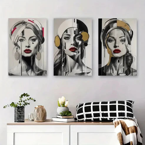 3pcs Elegant Women with Bold Red Wall Art Set Canvas Unframed – High Quality Print 100% Australian Made Wall Canvas