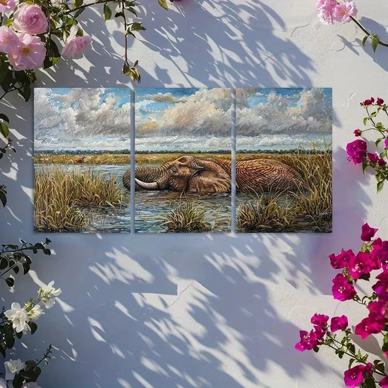 3pcs Elephant Serenity Illustration Metal Print Ready to Hang Art