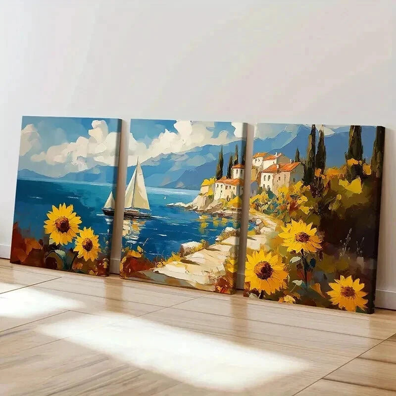 3pcs Island Scenery Sailing Boat Sunflowers Wall Art Set Canvas Framed 60x90cm - High Quality Print 100% Australian Made Wall Canvas Ready to Hang - Bella Home Decor